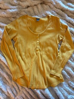 Eddie Bauer Mustard Yellow Ribbed Henley Long Sleeve Top
